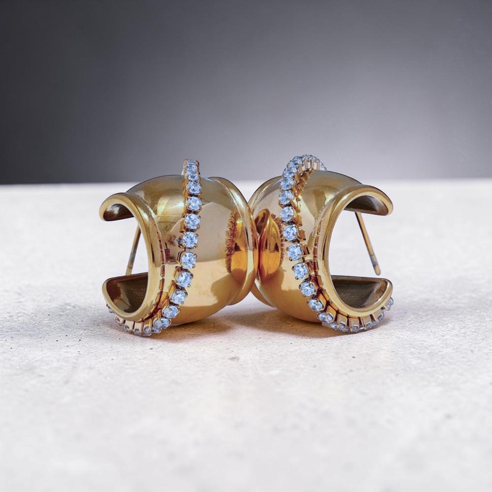 Anthropologie Thick Gold Crystal-Trim Curved Hoop Earrings
